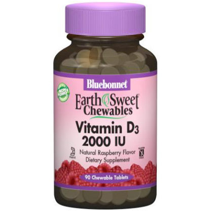 EarthSweet Chewables Vitamin D3 2000 IU, Natural Raspberry Flavor, 90 Chewable Tablets, Bluebonnet Nutrition