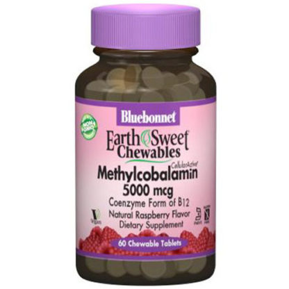 EarthSweet Chewables CellularActive Methylcobalamin Vitamin B12 5000 mcg, Natural Raspberry Flavor, 60 Chewable Tablets, Bluebonnet Nutrition