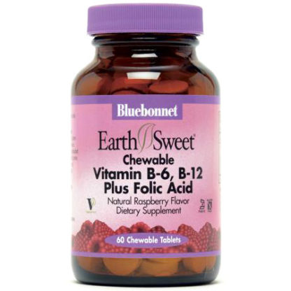 EarthSweet Chewable Vitamin B-6, B-12 Plus Folic Acid, Natural Raspberry Flavor, 60 Tablets, Bluebonnet Nutrition