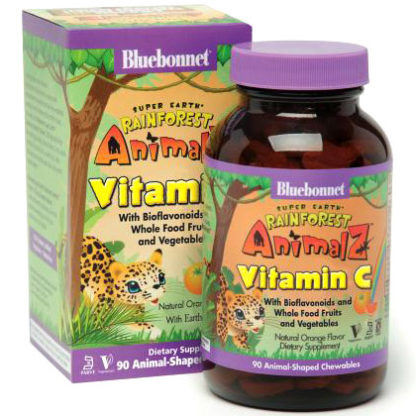 Super Earth Rainforest Animalz Vitamin C, Natural Orange Flavor, 90 Chewable Tablets, Bluebonnet Nutrition